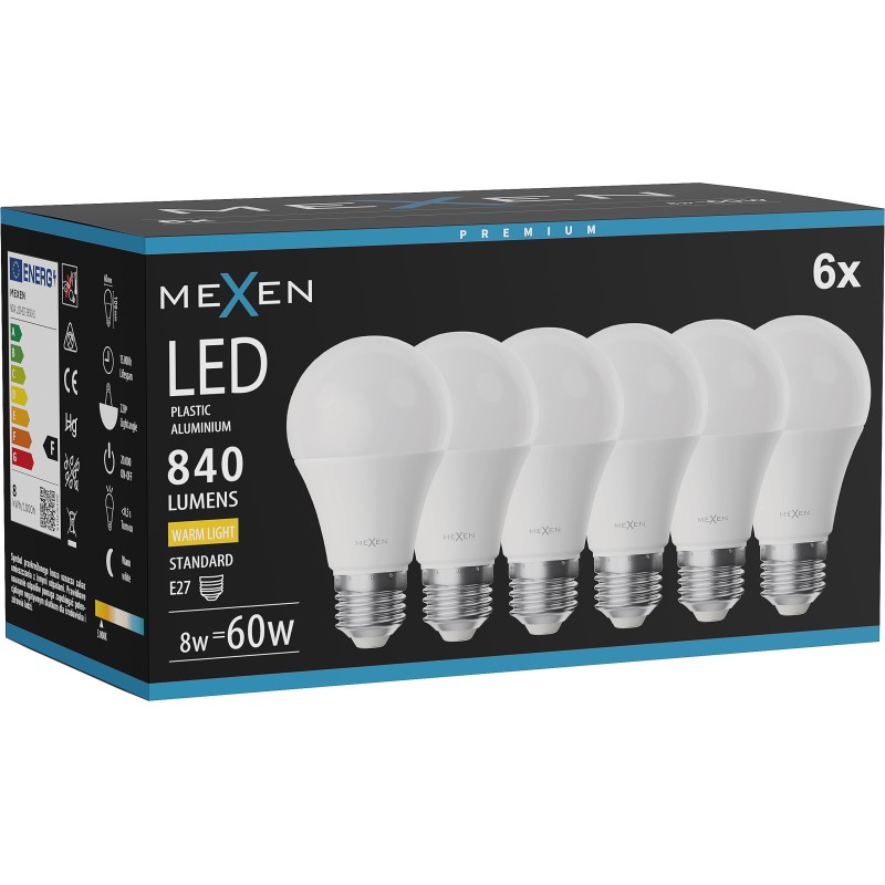 Mexen Nova 6x żarówka LED E27, A60, 8W, Ciepła - 3000K, 840 lm - L100-E27-0830-01x06