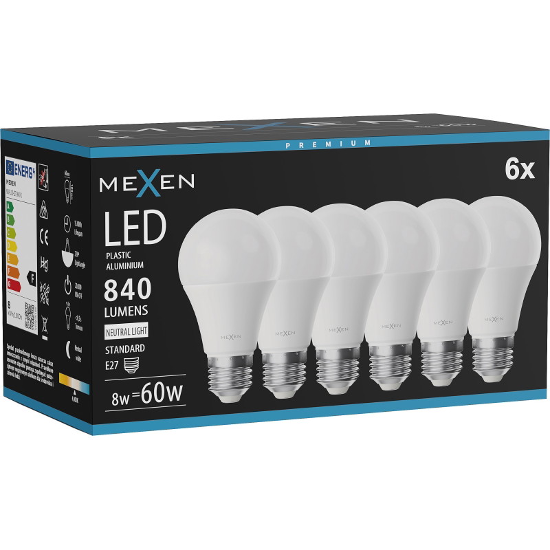 Mexen Nova 6x żarówka LED E27, A60, 8W, Neutralna - 4000K, 840 lm - L100-E27-0840-01x06
