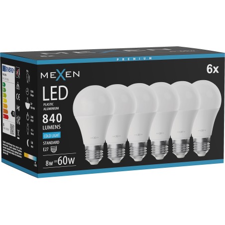 Mexen Nova 6x żarówka LED E27, A60, 8W, Zimna - 6500K, 840 lm - L100-E27-0865-01x06