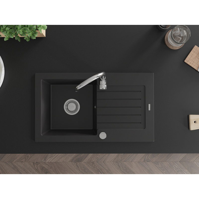 Mexen Pablo zlewozmywak granitowy 1-komorowy z ociekaczem 752 x 436 mm, czarny, syfon chrom - 6510751010-77
