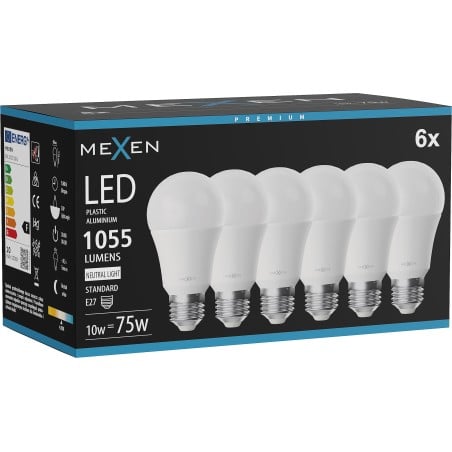Mexen Nova 6x żarówka LED E27, A60, 10W, Neutralna - 4000K, 1055 lm - L100-E27-1040-01x06