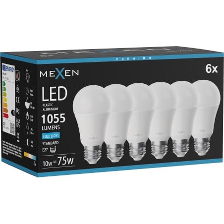Mexen Nova 6x żarówka LED E27, A60, 10W, Zimna - 6500K, 1055 lm - L100-E27-1065-01x06