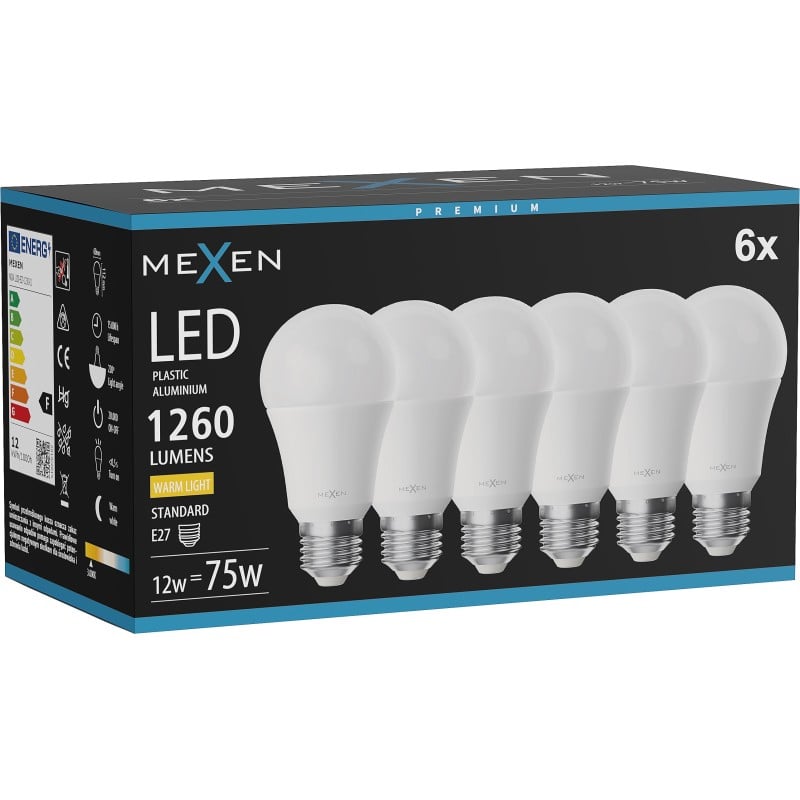 Mexen Nova 6x żarówka LED E27, A60, 12W, Ciepła - 3000K, 1260 lm - L100-E27-1230-01x06
