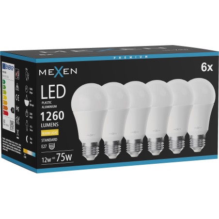 Mexen Nova 6x żarówka LED E27, A60, 12W, Ciepła - 3000K, 1260 lm - L100-E27-1230-01x06