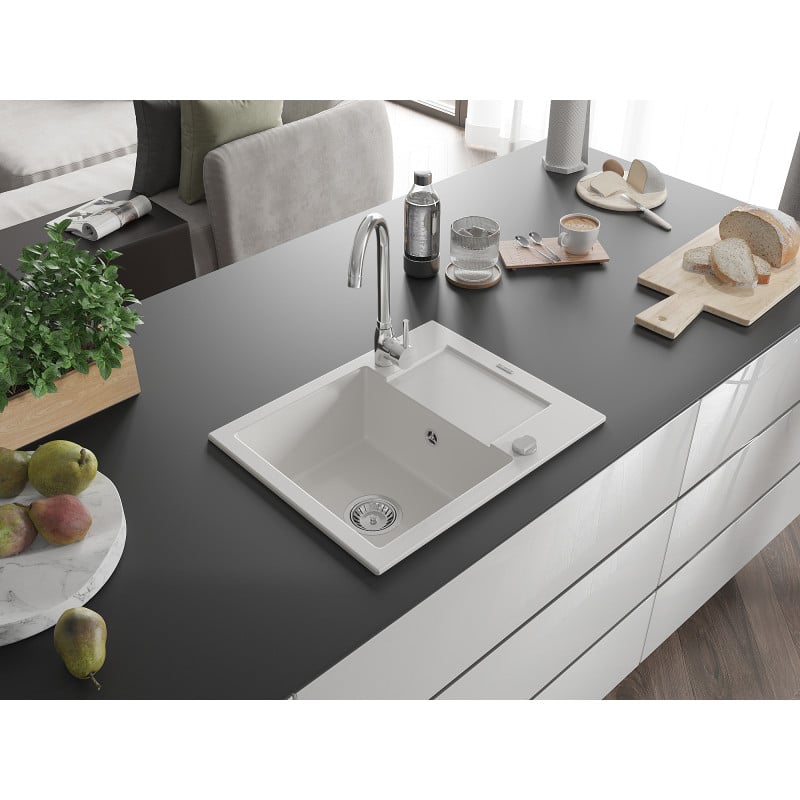 Mexen Enzo zlewozmywak granitowy 1-komorowy z ociekaczem 576 x 465 mm, biały, syfon chrom - 6506571005-20