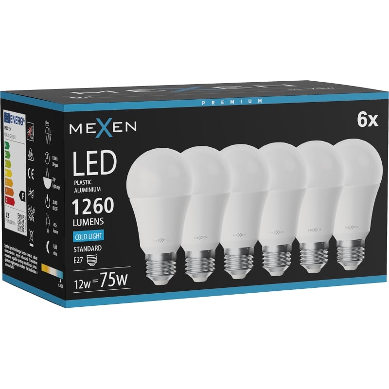 Mexen Nova 6x żarówka LED E27, A60, 12W, Zimna - 6500K, 1260 lm - L100-E27-1265-01x06
