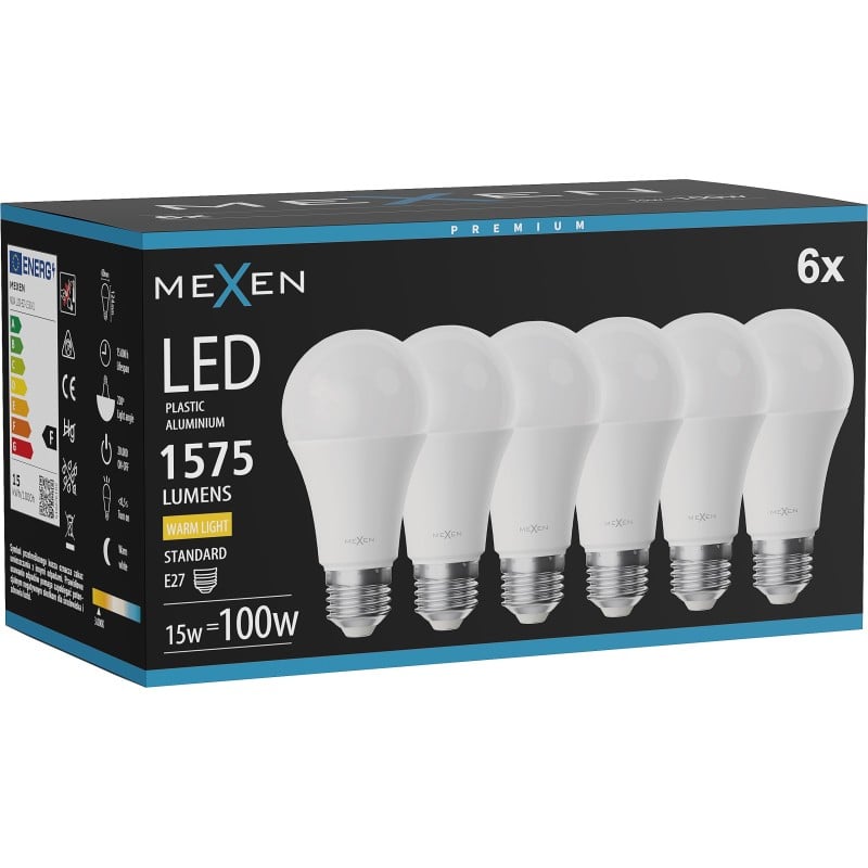 Mexen Nova 6x żarówka LED E27, A60, 15W, Ciepła - 3000K, 1575 lm - L100-E27-1530-01x06