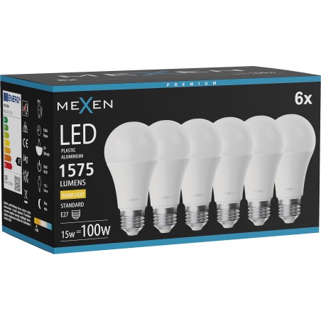 Mexen Nova 6x żarówka LED E27, A60, 15W, Ciepła - 3000K, 1575 lm - L100-E27-1530-01x06