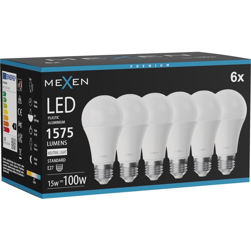 Mexen Nova 6x żarówka LED E27, A60, 15W, Neutralna - 4000K, 1575 lm - L100-E27-1540-01x06