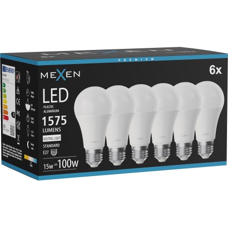 Mexen Nova 6x żarówka LED E27, A60, 15W, Neutralna - 4000K, 1575 lm - L100-E27-1540-01x06