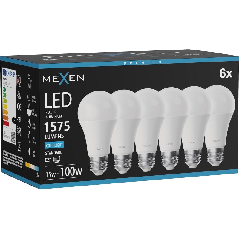 Mexen Nova 6x żarówka LED E27, A60, 15W, Zimna - 6500K, 1575 lm - L100-E27-1565-01x06