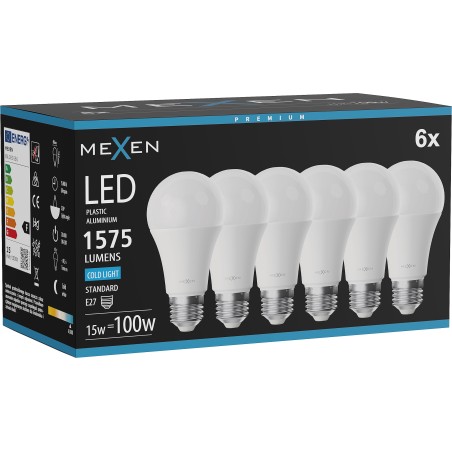 Mexen Nova 6x żarówka LED E27, A60, 15W, Zimna - 6500K, 1575 lm - L100-E27-1565-01x06