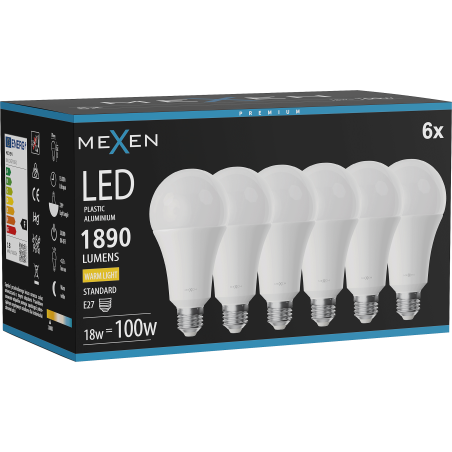 Mexen Nova 6x żarówka LED E27, A70, 18W, Ciepła - 3000K, 1890 lm - L100-E27-1830-01x06