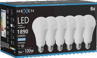 Mexen Nova 6x żarówka LED E27, A70, 18W, Zimna - 6500K, 1890 lm - L100-E27-1865-01x06