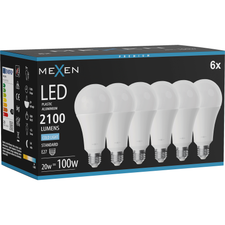Mexen Nova 6x żarówka LED E27, A70, 20W, Zimna - 6500K, 2100 lm - L100-E27-2065-01x06