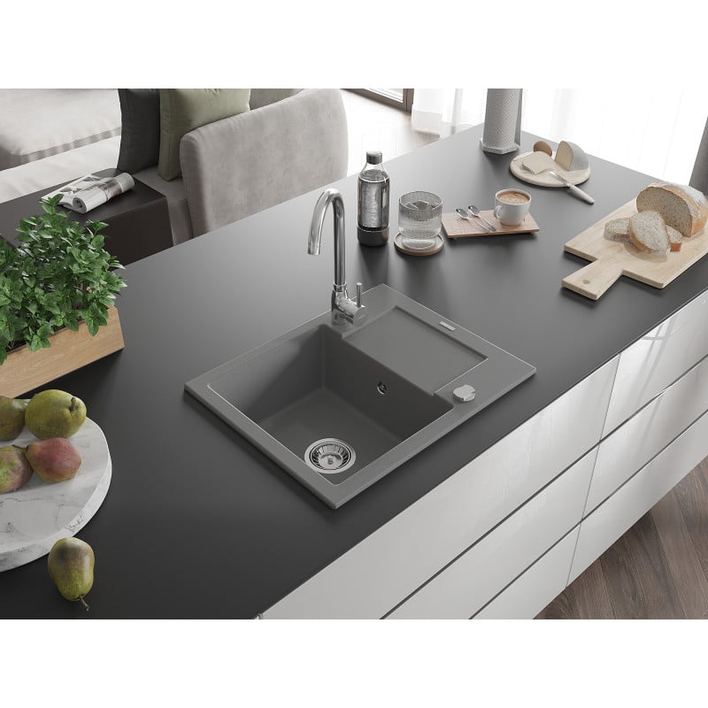 Mexen Enzo zlewozmywak granitowy 1-komorowy z ociekaczem 576 x 465 mm, szary, syfon chrom - 6506571005-71