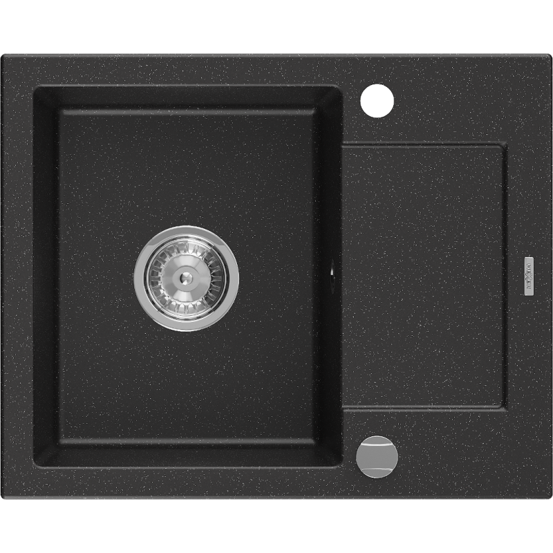 Mexen Enzo zlewozmywak granitowy 1-komorowy z ociekaczem 576 x 465 mm, czarny/srebrny metalik, syfon chrom - 6506571005-73
