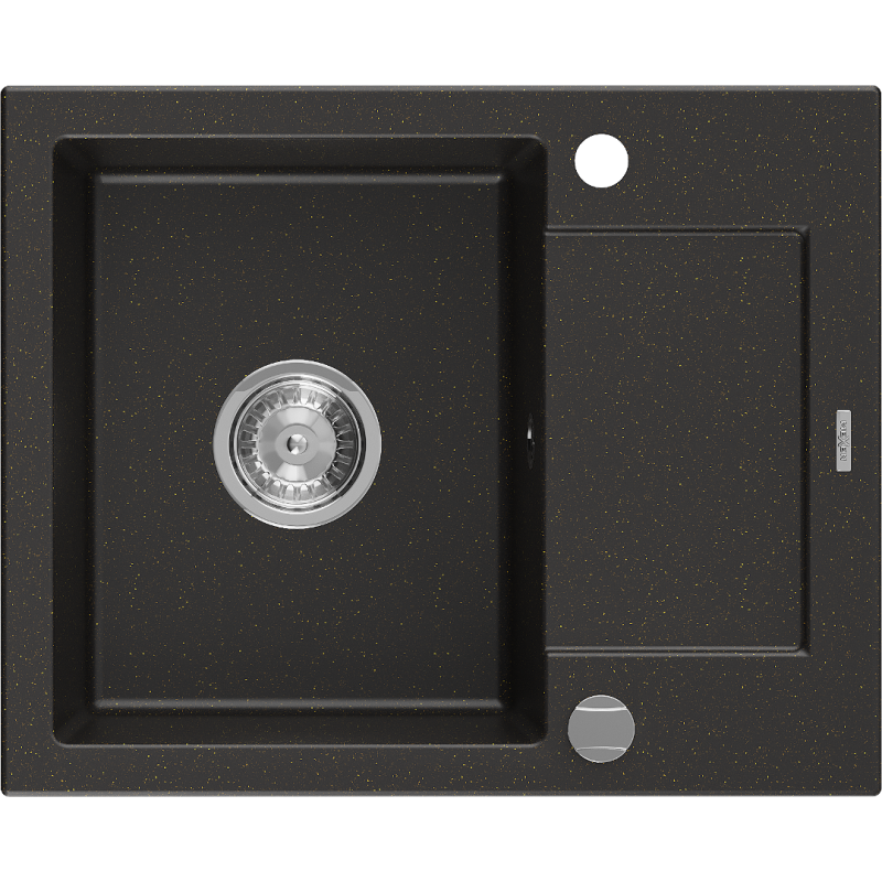 Mexen Enzo zlewozmywak granitowy 1-komorowy z ociekaczem 576 x 465 mm, czarny/złoty metalik, syfon chrom - 6506571005-75