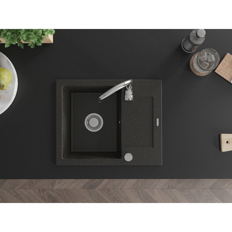 Mexen Enzo zlewozmywak granitowy 1-komorowy z ociekaczem 576 x 465 mm, czarny/złoty metalik, syfon chrom - 6506571005-75