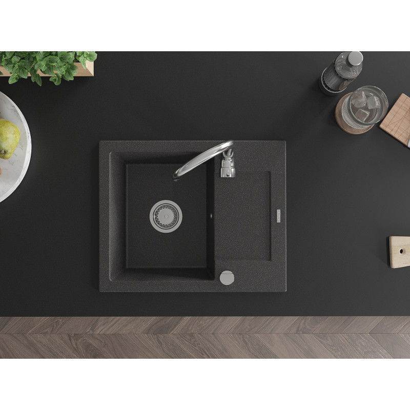 Mexen Enzo zlewozmywak granitowy 1-komorowy z ociekaczem 576 x 465 mm, czarny nakrapiany, syfon chrom - 6506571005-76