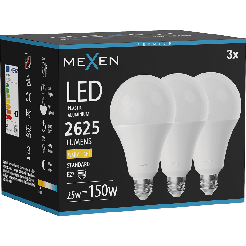 Mexen Nova 3x żarówka LED E27, A95, 25W, Ciepła - 3000K, 2625 lm - L100-E27-2530-01x03