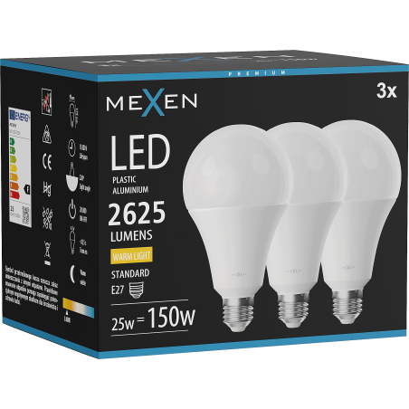 Mexen Nova 3x żarówka LED E27, A95, 25W, Ciepła - 3000K, 2625 lm - L100-E27-2530-01x03