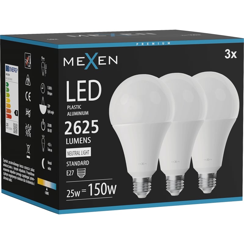 Mexen Nova 3x żarówka LED E27, A95, 25W, Neutralna - 4000K, 2625 lm - L100-E27-2540-01x03