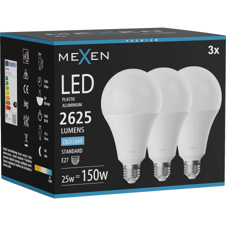 Mexen Nova 3x żarówka LED E27, A95, 25W, Zimna - 6500K, 2625 lm - L100-E27-2565-01x03
