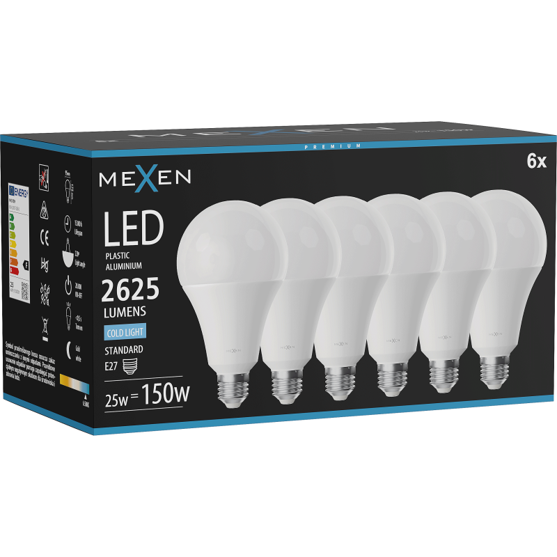Mexen Nova 6x żarówka LED E27, A95, 25W, Zimna - 6500K, 2625 lm - L100-E27-2565-01x06