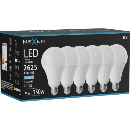 Mexen Nova 6x żarówka LED E27, A95, 25W, Zimna - 6500K, 2625 lm - L100-E27-2565-01x06