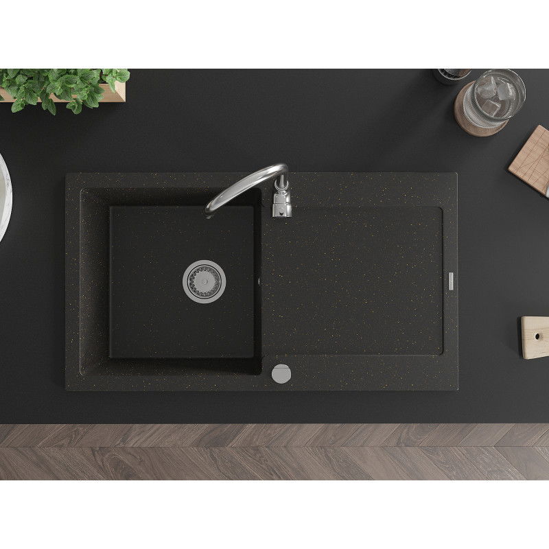 Mexen Leo zlewozmywak granitowy 1-komorowy z ociekaczem 900 x 500 mm, czarny/złoty metalik, syfon chrom - 6501901010-75