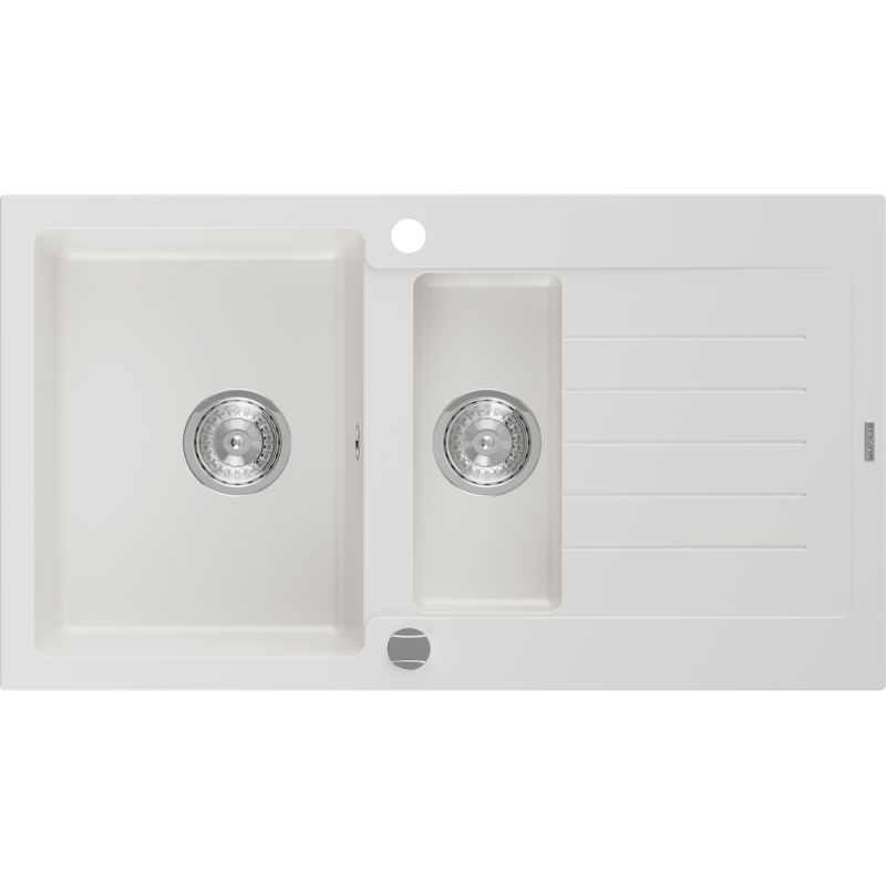 Mexen Matias zlewozmywak granitowy 1,5-komorowy z ociekaczem 900 x 505 mm, biały, syfon chrom - 6502901505-20