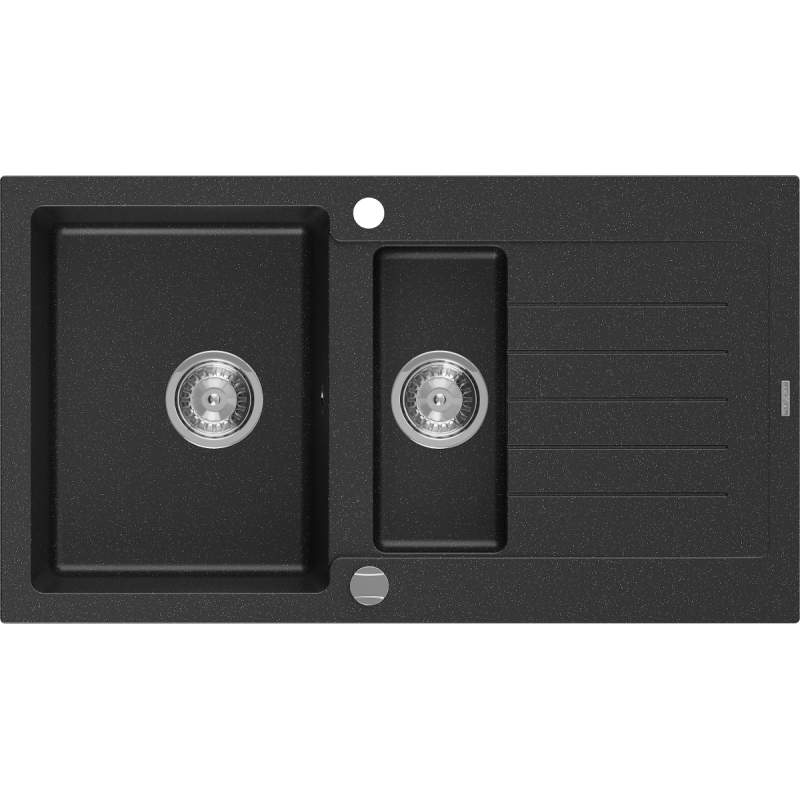 Mexen Matias zlewozmywak granitowy 1,5-komorowy z ociekaczem 900 x 505 mm, czarny/srebrny metalik, syfon chrom - 6502901505-73