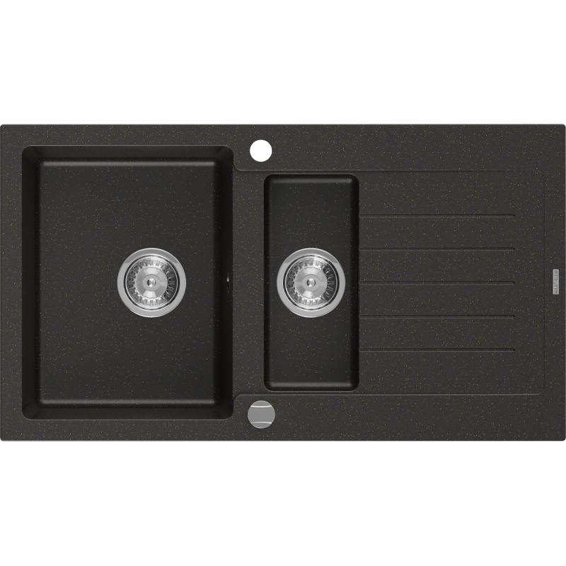 Mexen Matias zlewozmywak granitowy 1,5-komorowy z ociekaczem 900 x 505 mm, czarny/złoty metalik, syfon chrom - 6502901505-75