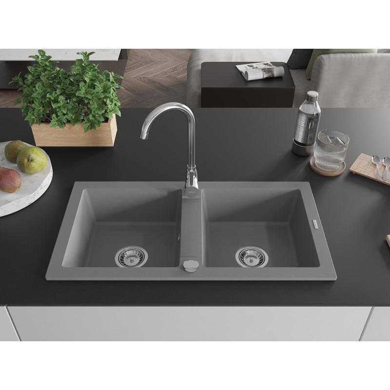 Mexen Mario zlewozmywak granitowy 2-komorowy 820 x 436 mm, szary, syfon chrom - 6504822000-71