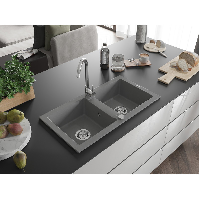 Mexen Mario zlewozmywak granitowy 2-komorowy 820 x 436 mm, szary, syfon chrom - 6504822000-71