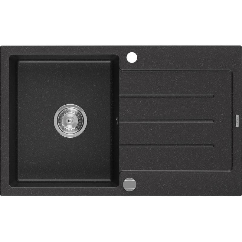 Mexen Bruno zlewozmywak granitowy 1-komorowy z ociekaczem 795 x 495 mm, czarny/srebrny metalik, syfon chrom- 6513791010-73