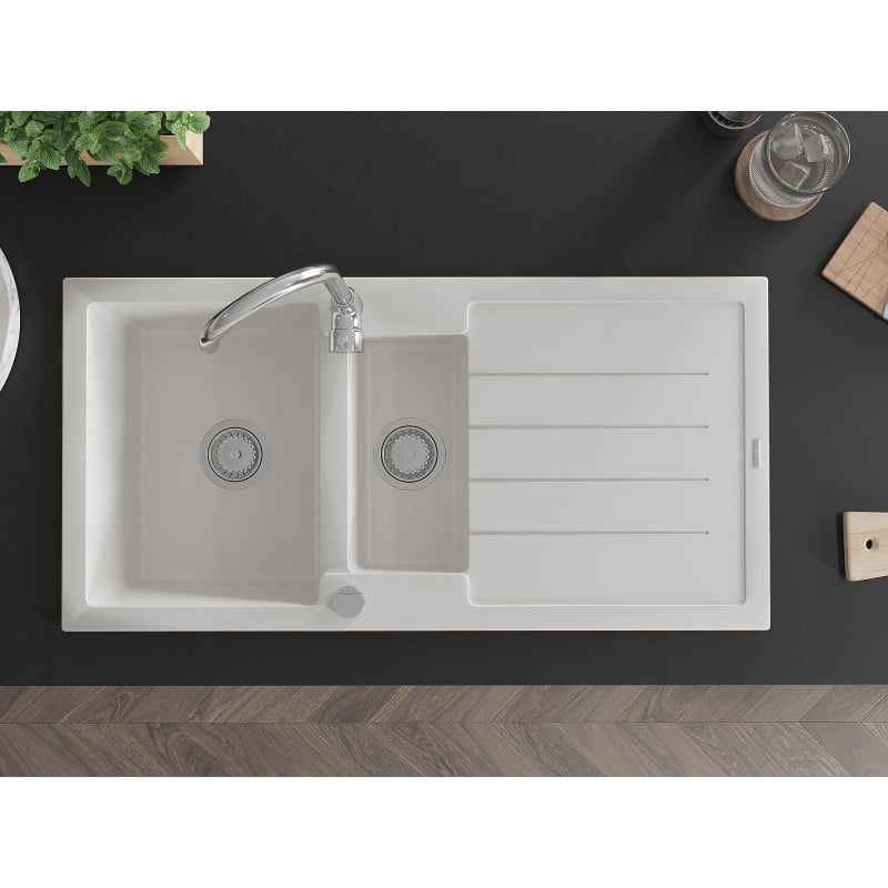 Mexen Andres zlewozmywak granitowy 1,5-komorowy z ociekaczem 1000 x 500 mm, biały, syfon chrom - 6515101510-20