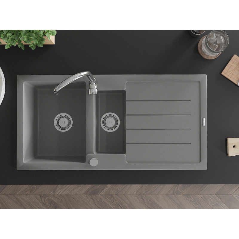 Mexen Andres zlewozmywak granitowy 1,5-komorowy z ociekaczem 1000 x 500 mm, szary, syfon chrom - 6515101510-71