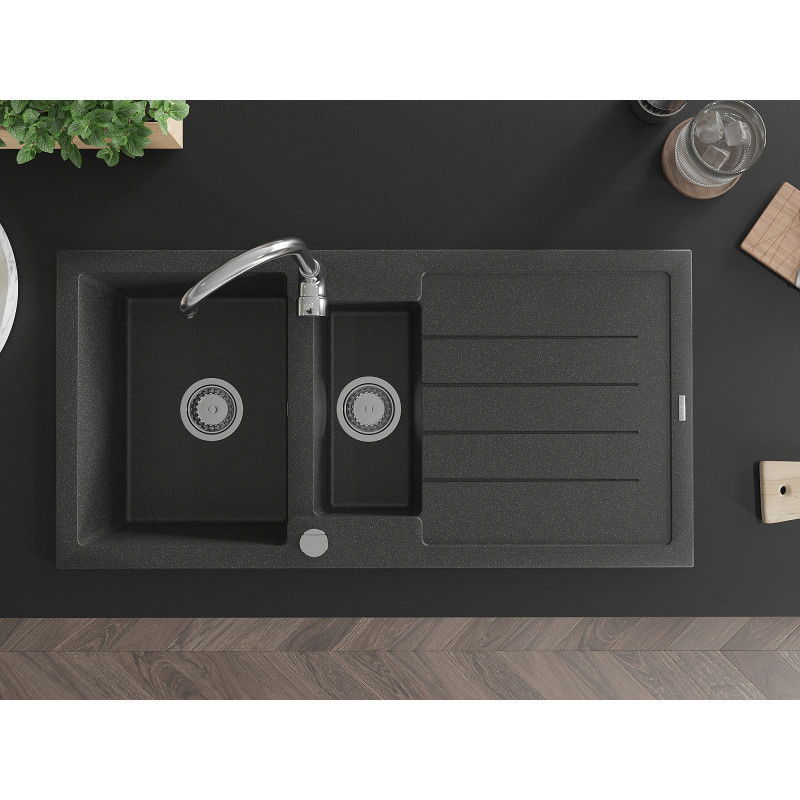 Mexen Andres zlewozmywak granitowy 1,5-komorowy z ociekaczem 1000 x 500 mm, czarny nakrapiany, syfon chrom - 6515101510-76