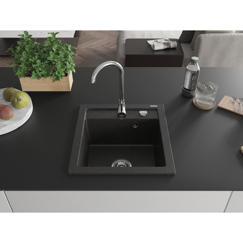 Mexen Vito zlewozmywak granitowy 1-komorowy 520 x 490 mm, czarny/złoty metalik, syfon chrom - 6503521000-75