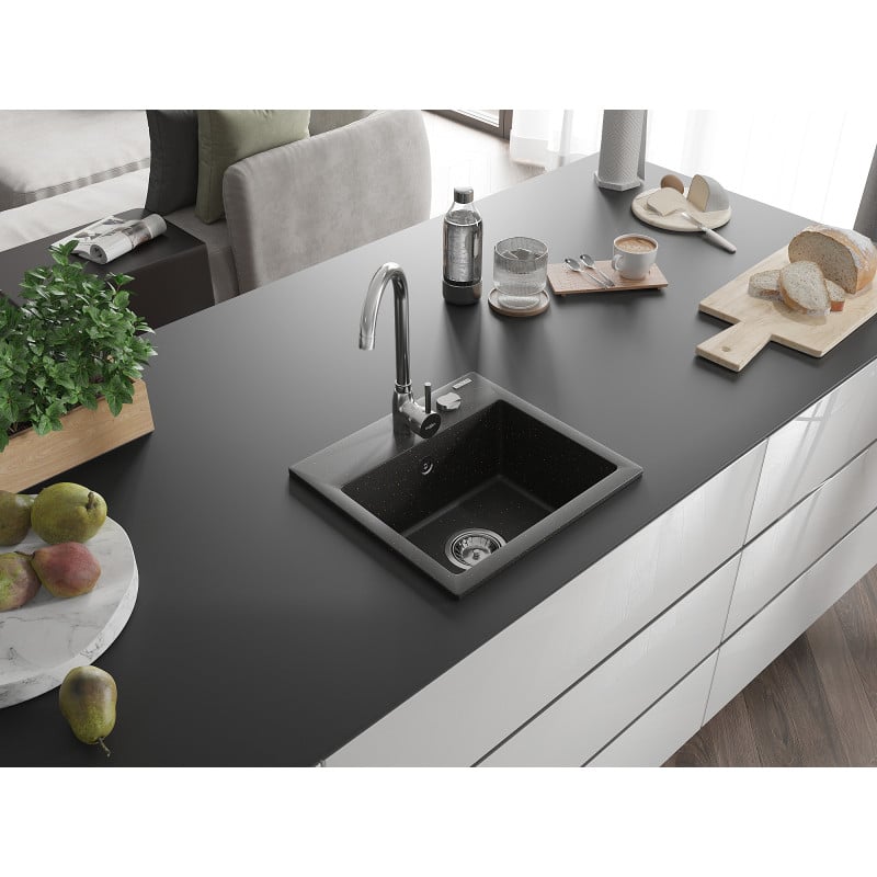 Mexen Milo zlewozmywak granitowy 1-komorowy 435 x 410 mm, czarny/złoty metalik, syfon chrom - 6505441000-75
