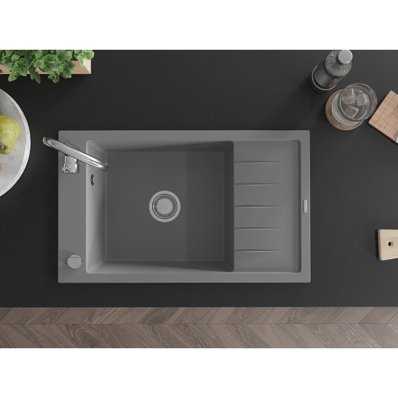 Mexen Elias zlewozmywak granitowy 1-komorowy z ociekaczem 795 x 480 mm, szary, syfon chrom - 6511791005-71