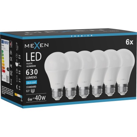 Mexen Nova 10x żarówka LED E27, A60, 6W, Zimna - 6500K, 630 lm - L100-E27-0665-01x10