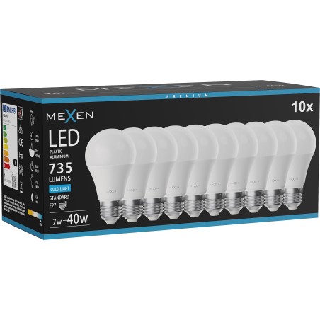 Mexen Nova 10x żarówka LED E27, A60, 7W, Zimna - 6500K, 735 lm - L100-E27-0765-01x10