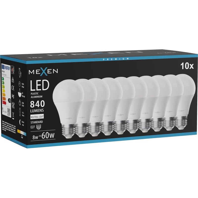 Mexen Nova 10x żarówka LED E27, A60, 8W, Neutralna - 4000K, 840 lm - L100-E27-0840-01x10
