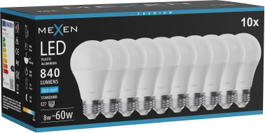 Mexen Nova 10x żarówka LED E27, A60, 8W, Zimna - 6500K, 840 lm - L100-E27-0865-01x10