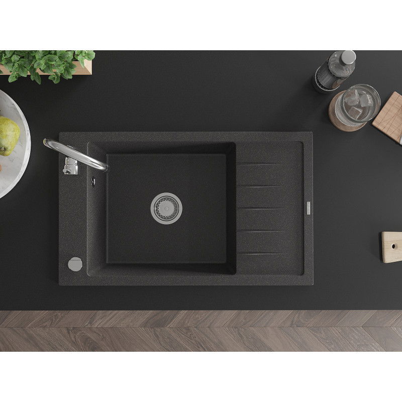 Mexen Elias zlewozmywak granitowy 1-komorowy z ociekaczem 795 x 480 mm, czarny nakrapiany, syfon chrom - 6511791005-76