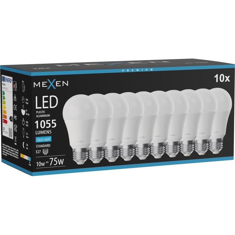 Mexen Nova 10x żarówka LED E27, A60, 10W, Zimna - 6500K, 1055 lm - L100-E27-1065-01x10