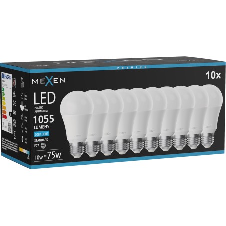 Mexen Nova 10x żarówka LED E27, A60, 10W, Zimna - 6500K, 1055 lm - L100-E27-1065-01x10